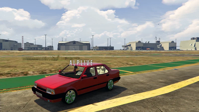 GTA V oyun içi: Kırmızı Tofaş, üstünde yayıncı adı.