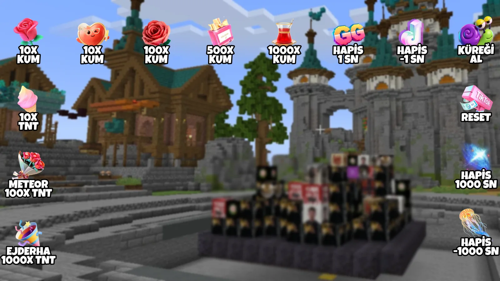Minecraft Kum Fırtınası oyununun üstünde hediye görseli: kenarlarda hediye resimleri ve her birinin oyunda yaptığı iş, örneğin 10X KUM, 10X TNT, HAPİS 1 SN, RESET.