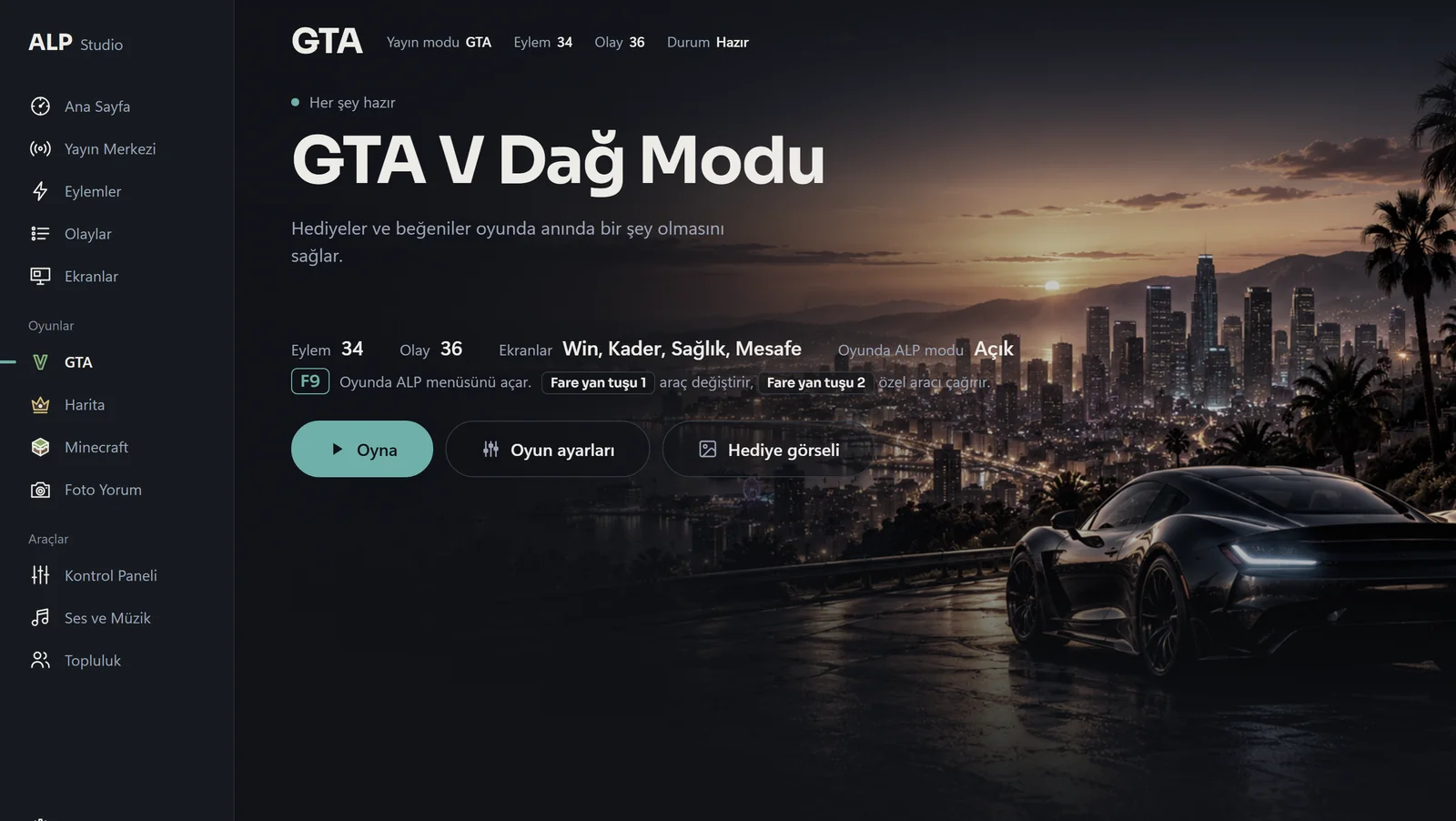 ALP Studio GTA sayfası: GTA V Dağ Modu başlığı, eylem ve olay sayıları, oyundaki ekranlar, F9 menü kısayolu ve Oyna düğmesi.
